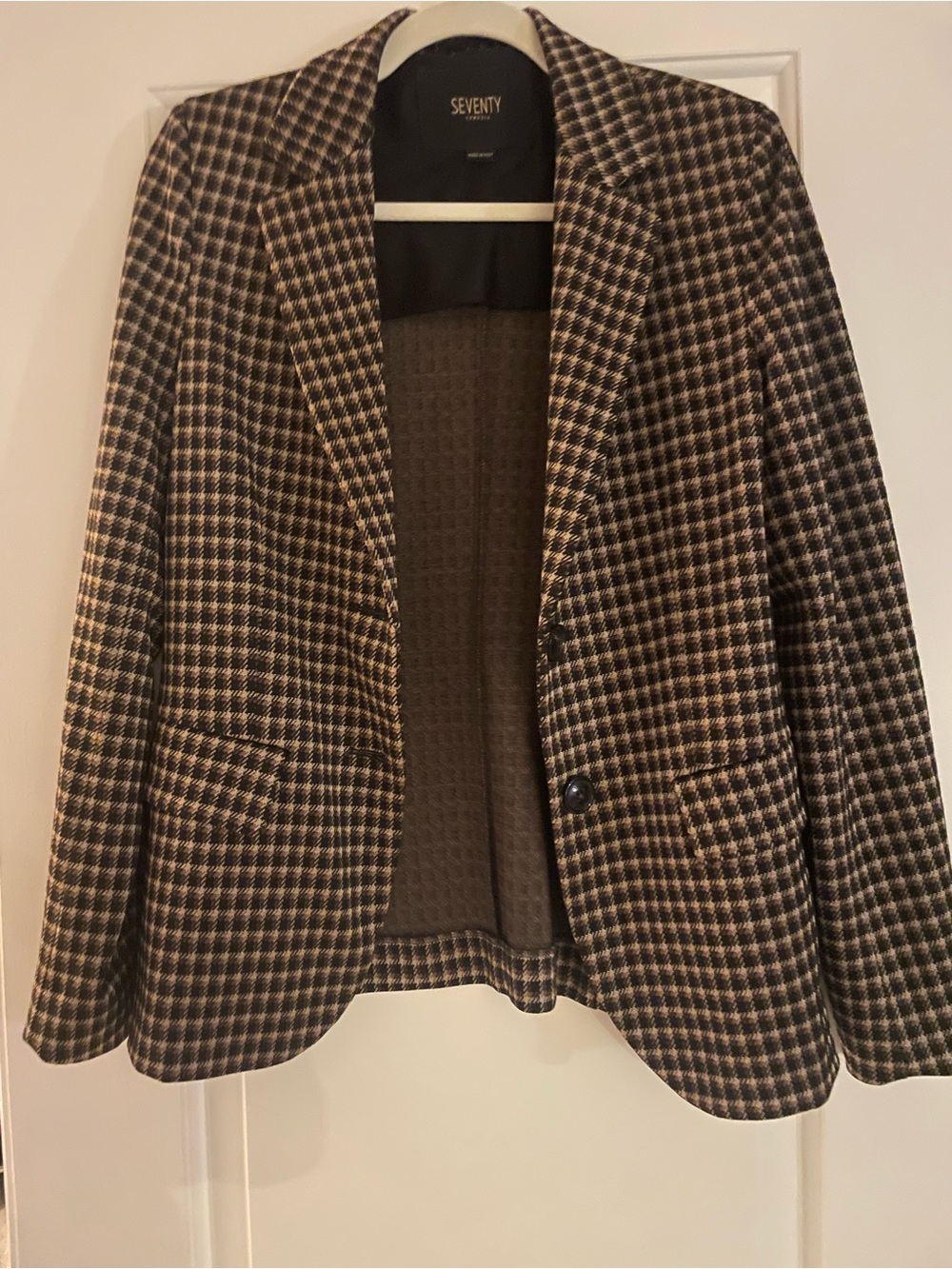 Seventy Venezia Poly Wool-Blend Plaid Blazer Jacket- Brown and Gold Check size 6